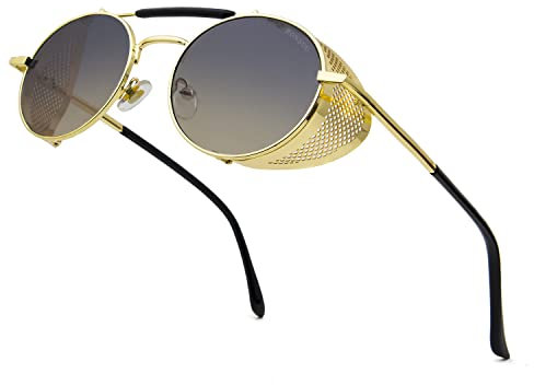RONSOU Steampunk Style Round Vintage Sunglasses Retro Eyewear UV400 Protection Matel Frame Gold Frame Brown Gradient Lens