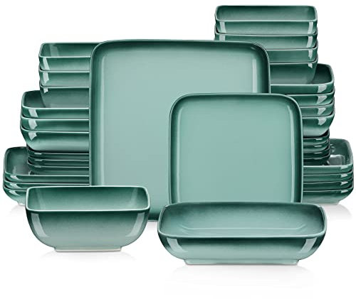 LOVECASA Tafelservice, Serie Vibri, 32-teiliges quadratische Kombiservice aus Steinzeug, Ess Geschirrset für 8 Personen | Speiseteller, Tiefteller, Dessertteller und Schüsseln, dunkelgrün