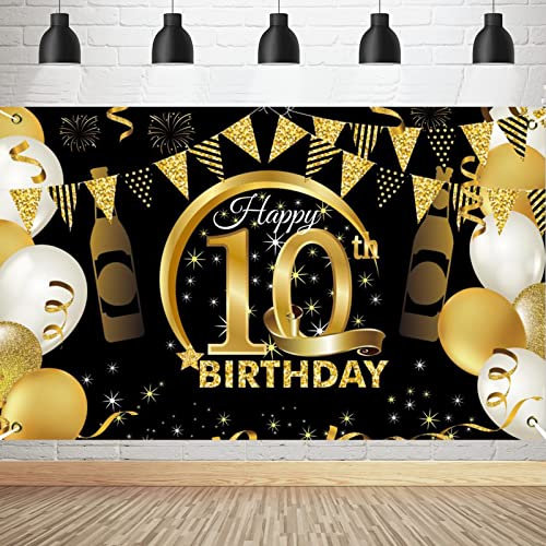 PLATEYTR 10. Geburtstag Party Dekoration,Banner 10 Geburtstag Roségold,Extra Große Fotografie Hintergrund Schild Poster für 10 Geburtstag Party Kuchen/Tabelle/Mauer/Garten Dekoration