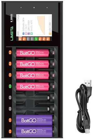 LIMETA Chargeurs de Batterie Domestiques à 8 Emplacements, Chargeur de Batterie Rechargeable avec Affichage LCD USB Type C, Intelligent pour Charger Les Piles AA AAA Li-ION LiHv Ni-MH Ni-CD.