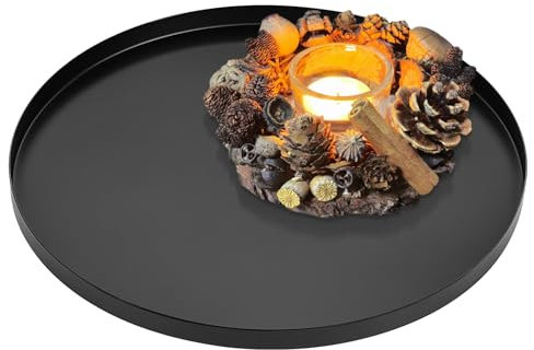 Yvttve Round Black Decorative Tray with Anti-slip Mats, Metal Circle Candle Trays, Makeup Organiser Jewelry Perfume Serving Plate (Ø 32 cm, Black Matt)