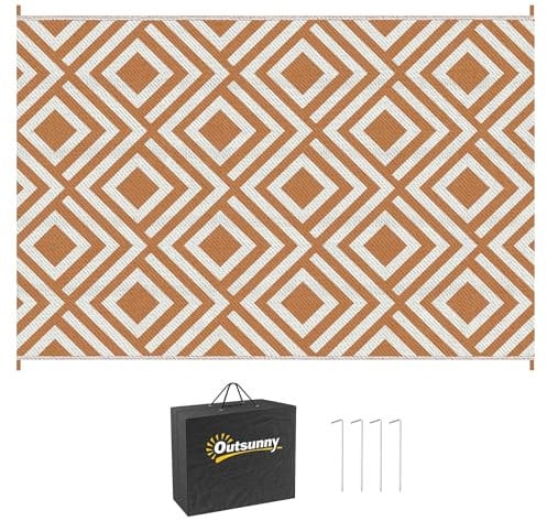 Outsunny Reversible Outdoor Rug with Carry Bag, Waterproof Plastic Straw Mat for Garden, Deck, RV, Picnic, Beach, Camping, 182 x 274cm, Brown