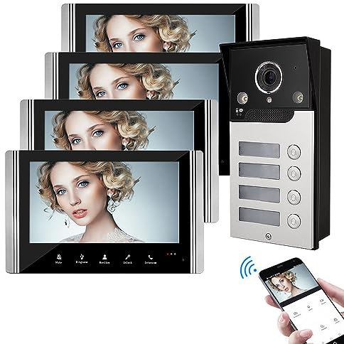 FTes RFKits WLAN Wireless Video Türsprechanlage,1080P Außenkamera,7 Zoll Touchscreen Wireless Monitor,PIR Bewegungserkennung,Nachtsicht,Tuya APP Steuerung (4 Familienhaus)