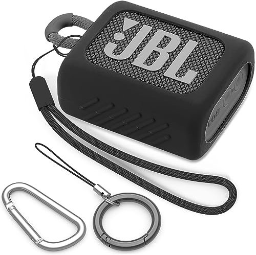BEAUDOM Silikon JBL GO 3 Hülle Case für JBL GO 3 [Mit Handschlaufe] [Mit Zwei Karabinertypen] Tragbar Schutzhülle Kompatibel mit JBL GO 3 Bluetooth-Lautsprecher (Schwarz)