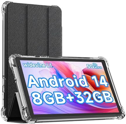 IWEGGO Tablette Android 14 avec étui, 7 8 Go de RAM + 32 Go de ROM/ordinateur extensible de 1 To, tablettes avec appareil photo 5 MP, processeur quad-core 1,6 GHz, batterie 3000 mAh, tablette PC