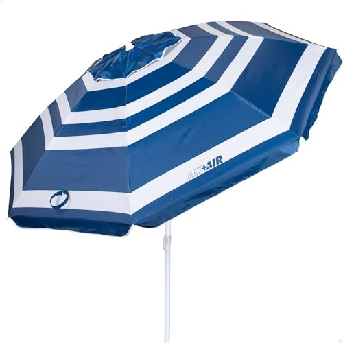 AKTIVE Sombrilla playa antiviento plegable estilo marinero a rayas Ø220, Con revestimiento plateado y protección UV 50, paravientos playa, sombrilla parasol grande, sombrillas para playa (62236)