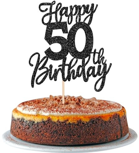 SYKYCTCY 1 Pack Happy 50th Birthday Cake Topper Black Glitter Cheers to 50 Years Birthday Cake Pick 50 Fabulous Cake Decoration for Happy Birthday Theme Anniversary Party Supplies