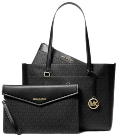Michael Kors Maisie Damen 3-in-1 Bündel, große Tragetasche mit Reißverschluss oben, Crossbody-Tasche mit Handgelenk, MK Signature, Schwarz, Large