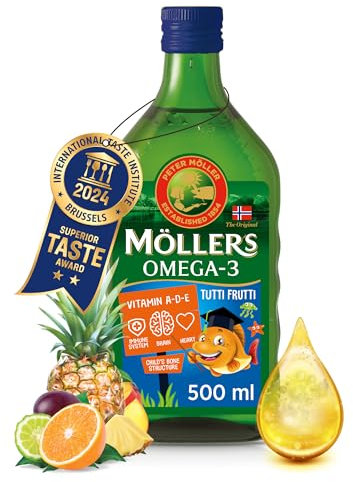 Moller’s ® | Huile de foie de morue enfant oméga 3 | Compléments alimentaires oméga-3 avec EPA, DHA, vitamines A, D et E | Prix Superior Taste | Marque vieille de 166 ans | Tutti Frutti | 500 ml