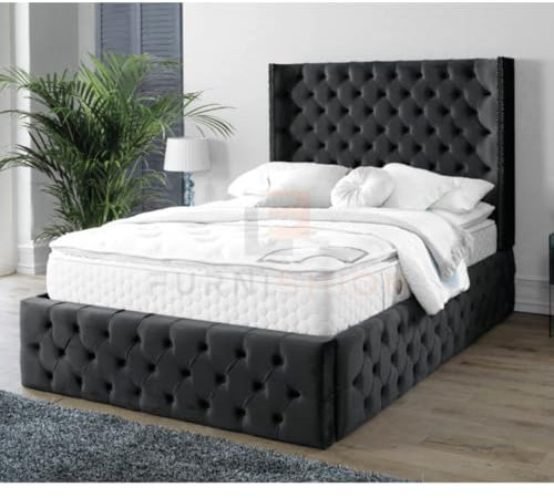 Furnishion Upholstered Wingback Double Bed Frame Mattress Included - Black Plush Velvet Bed Frame with 48inch High Headboard - Wooden Slat Support