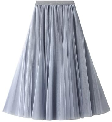 kinstell Tulle Skirts for Women Long Length Tutu Skirt A Line Mesh Elastic Waist Skirts Grey
