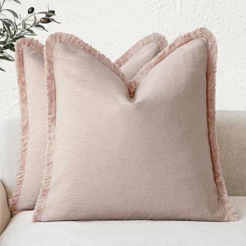 Foindtower Dekorative Leinen-Kissenbezüge mit Fransen, Boho-Stil, Landhaus-Kissenbezug mit Quasten, weich, Couch, Stuhl, Sofa, Bett, Wohnzimmer, Inneneinrichtung, 2 Stück, 50,8 x 50,8 cm, helles Pink