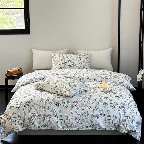 Nayoroom Bettwäsche 100% Baumwolle 135x200 Weiß Grün Pflanzenmuster Rosa Blumen Bettwäsche Set Einzelbett Bettbezug und Kissenbezug 80x80 cm mit Reißverschluss