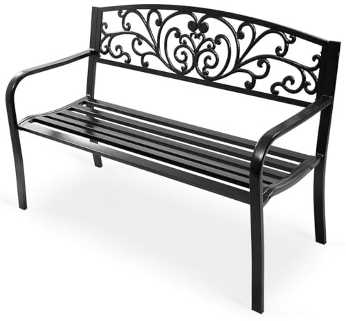 GOPLUS Gartenbank Metall, 2-3 Personen Sitzbank Outdoor, Parkbank Antik, Terrassenbank mit Rücklehne und Armlehne, Sitzbank Garten Balkon Terrassen (Schwarz, 280kg Tragkraft)