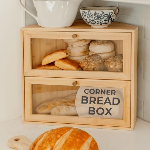 BakedBin Panera esquinera para encimera de cocina, nuevo diseño 2025, caja de pan de madera de bambú vintage, grande, almacenamiento de doble capa para pan casero, masa madre, panera, organizador