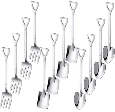OT-NVWOZR 12 Stück Edelstahl Spatenlöffel Löffel Gabel Set, Kreativ Dessertlöffel Kaffeelöffel Eisdessertlöffel Kuchengabeln, schaufelförmiger Rührwerkzeuge Espressolöffel für Party Restaurant
