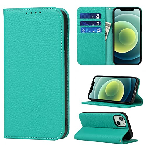Cavor Phone Case compatible with iPhone 13 Mini,Flip Genuine Leather Wallet Case,[4 Card Holders][Magnetic][With Lanyard],Protective Cover Case compatible with iPhone 13 Mini - Sky Blue