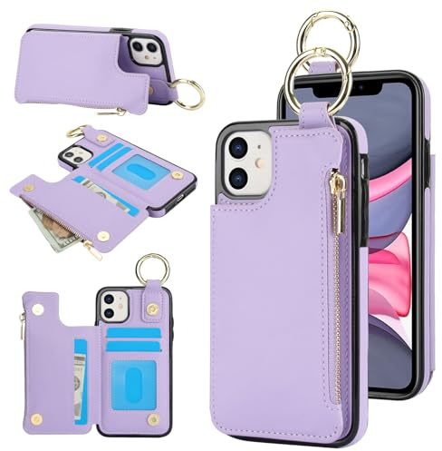 for iPhone 11 Wallet Case,3 Card Slots,1 Zipper Pocket,Magnetic Closure Kickstand with Ring Holder Shockproof RFID Blocking Phone Case for iPhone 11 (Purple)