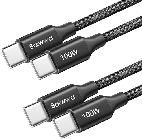 Baiwwa 100W USB C to USB C Cable 2M, 2Pack USBC to USBC Charger Cable 5A Fast Charging for iPhone 15/16 Pro Max, MacBook Pro/Air, iPad Pro/Air -Black
