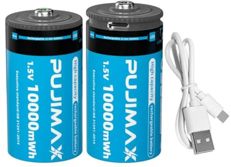 1.5V Rechargeable D Batteries Lit-Ion Type Micro USB & USB -C Rechargeable Battery | LR20 Battey | High-Capacity 10000mWh|1200 Cycles with Type C Charging Cable - 2 Pack