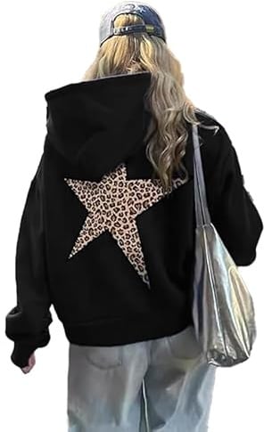 heyheyshine Star Graphic Hoodies Oversized Y2k Leopard Print Hooded Sweatshirt Gepard Hoodie Streetwear Unisex Pullover Tops, Schwarz, S