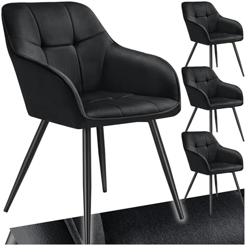 tectake® Samt Stuhl, Esszimmerstuhl mit Stepp Samtstoff, Küchenstühle modern, gemütlicher Sessel Wohnzimmer, Armlehnstuhl Esszimmer, Dining Lounge, Schminktisch Stuhl - schwarz/schwarz, 4er Set