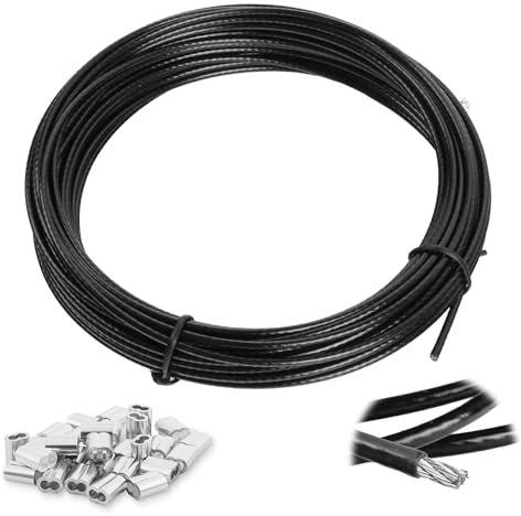1.5mm Wire Rope, 304 Stainless Steel Plastic Black Coated Wire Cable with Aluminum Crimping Loop, 10m Stainless Steel Hanging Cable 7x7 Cross Section for Picture Hanging, Clothes Line