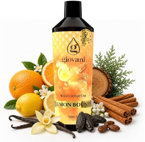 Giovani Wäscheparfüm LEMON BOUNTY 500 ml | Pudrig-süßer Duft mit Haupttönen von Zitrus, Vanille & Zimt | Lang anhaltend Wäscheduft | (100 Waschungen)