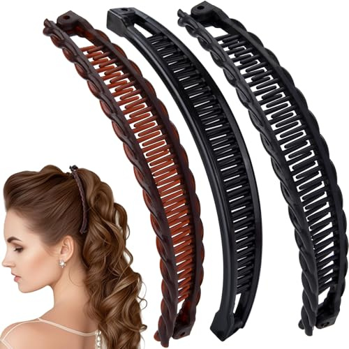 SmallCat 3pcs Large Banana Hair Clips for Women, Strong Claw Clip Hair Barrettes, Vintage Non-Slip Double Combs Hair Accessories for Thick, Long, Curly Hair - Coffee, Black, 2 Styles