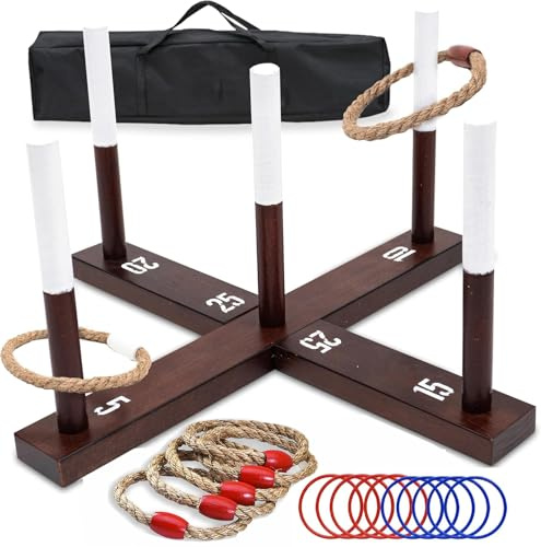 TUAHOO Ring Toss Game, Indoor Outdoor Throwing Game for Adults Family Party, Wooden Quoits Set with 6 Rope Rings & 10 Plastic Rings