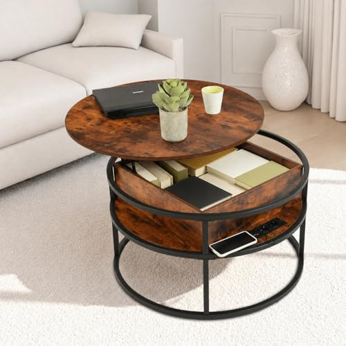 EGGREE Couchtisch rund höhenverstellbar mit Stauraum und USB, 80 cm, Braun | Für Wohnzimmer, kleine Räume und Sofa-Homeoffice; mit Stauraum, Ladefunktion und verstellbarer Höhe