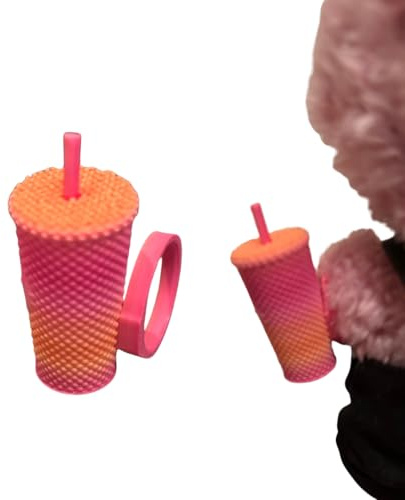 Toller Miniatur Trinkbecher mit Strohhalm Zubehör für Puppen 17 cm Orange-Pink Farbverlauf, dekoratieves Accessoire für Outfits auch für Plüschtiere