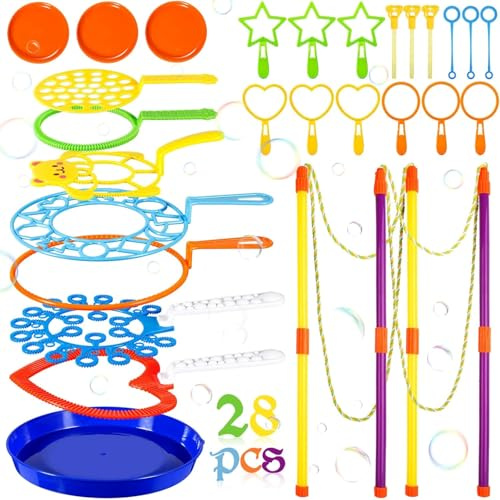 NCKIHRKK Kit de Pompas de Jabon, 28 Piezas Varita de Burbujas Juego de Pompas Gigantes de Jabón para Niños, Maquina de Burbujas para Juegos al Aire Libre para Niños, Playa, Picnic, Fiestas, Cumpleaños