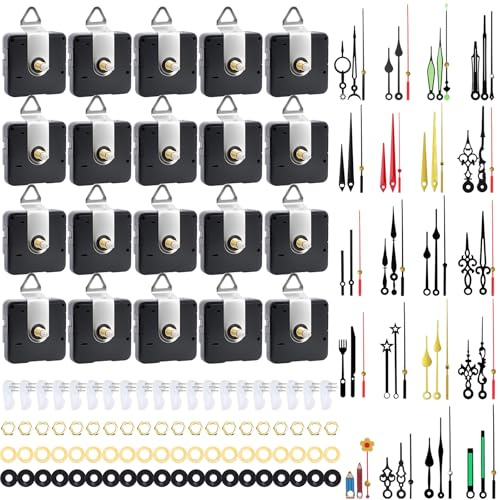 QUOTRE 20-teiliges Quarz-Uhrwerk-Set, batteriebetriebenes Uhrwerk mit 20 Sets Aluminium-Uhrzeigern, Haken und selbstklebenden Nägeln, Ersatz-Uhrwerk für DIY-Wanduhr-Reparatur und Herstellung