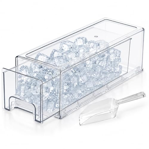 Raoletin Stackable Plastic Ice Tray Bucket with Scoop, Reusable Ice Cube Tray Storage Container, Pull-Out Fridge Drawers Style Bin for Freezer, Cocktails, Bar, Parties,Barbeque Camping