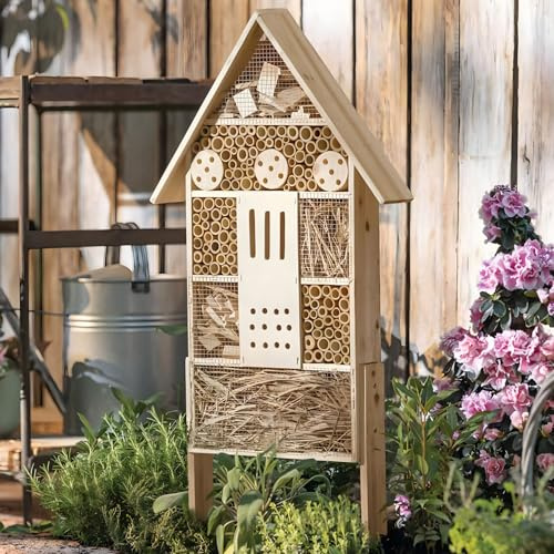 Dekoleidenschaft Insektenhotel Natur aus Holz & Bambus, groß, 95 cm hoch, Bienenhotel stehend mit Erdspieß, Nisthilfe, Bienenhaus, Insektenhaus