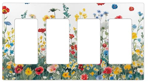 Colorful Florals 4 Gang Screwless Quad Decorator Wall Plate, Summer Decoration Switch Cover Plate Electrical Quadruple Device Rocker/Gfci Dimmer Receptacle Outlet Light Switch Cover Face Plate