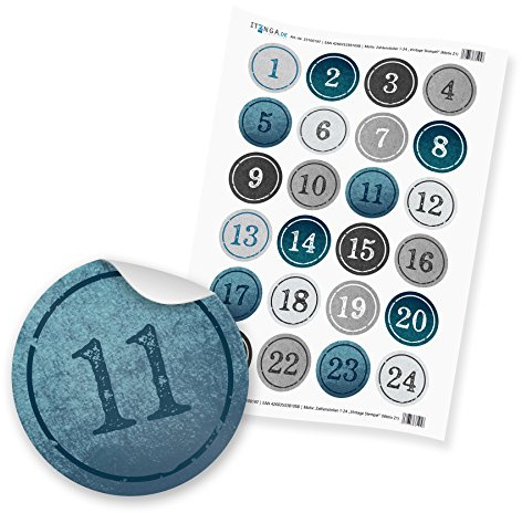 itenga AdventskalenderZahlen Zahlensticker 1-24 - 4cm blau hellblau grau Silber weiß Hochglanz