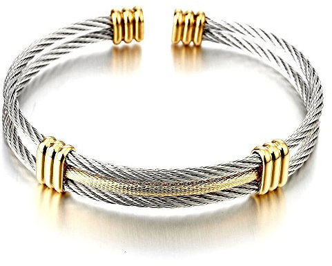 COOLSTEELANDBEYOND Edelstahl Elastische Herren Damen Armband Verstellbare Stahlkabel Armreif Silber Gold Zweifarbig
