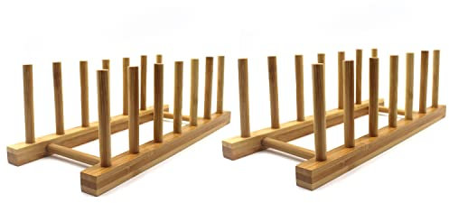 INNERNEED Bamboo Wooden Plate Racks Dish Stand Holder Kitchen Storage Cabinet Organizer for Dish/Plate/Bowl/Cup/Pot Lid/Cutting Board (Pack of 2)