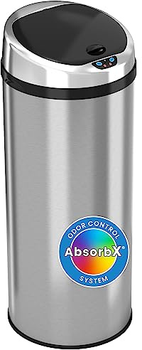 iTouchless Poubelle de cuisine ronde avec capteur sans contact et système de contrôle des odeurs, pour la maison ou le bureau, en acier inoxydable brossé de 50 litres