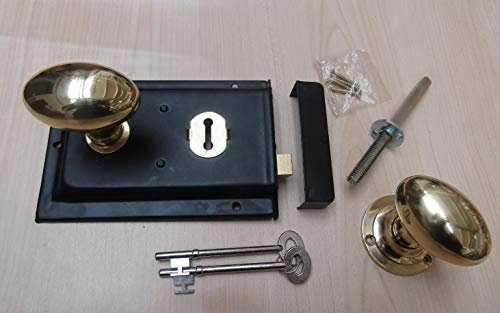 Traditional Classic Retro Vintage Old English Rim Door Lock KNOB Handles Set (Polished Brass Rim)