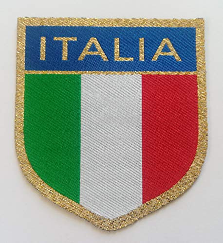 Patch-Toppa Microricamata in HD/Jacquard (Alta Definizione) Scudetto lamè con Scritta Italia Termoadesiva, Micro Filo, Dimensioni : H. cm.6,4 x L. cm.7 - Made in Italy