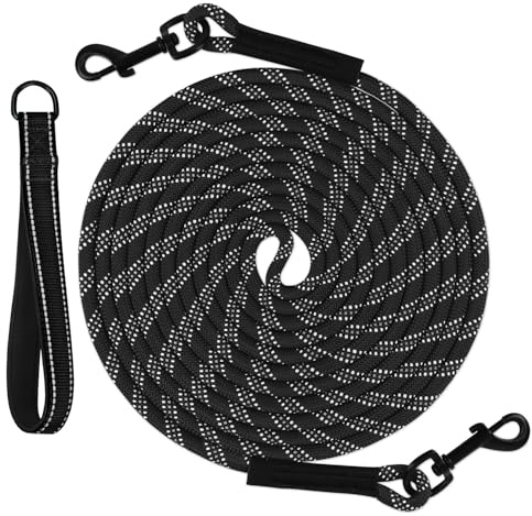 Taglory Schleppleine 20m für Hunde | Reflektierendes Seil | Doppelter Haken | 8mm Schwarz