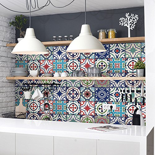 RE-COVERTILES - Autocollants Carrelage Salle de Bain et Cuisine 24 Pcs 10x10 cm - PS00036 Décoration Murale en carrelage mosaïque PVC imperméable Style Carreaux de Ciment Azulejos