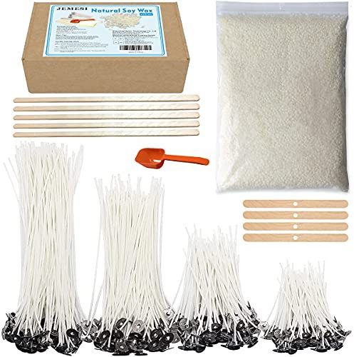 JEMESI Kit de Fabrication de Bougies, 200pcs Mèches de Bougie 4cm 10.5cm 15cm et 22 cm,1kg Cire de Soja, Supports de mèche, bâtonnets d'agitation et Cuillère,DIY Kit Bougies pour Débutants
