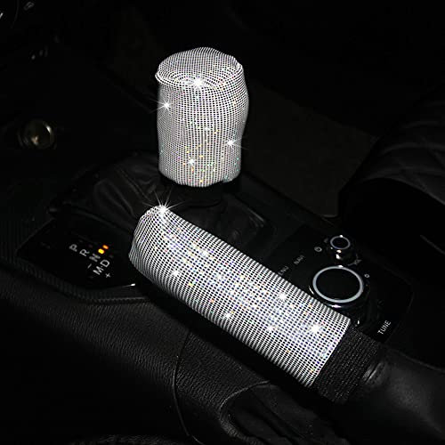 ihreesy Auto Handbremse Schaltknauf Abdeckung,Strass Diamant Kristall Handbremse Abdeckung Universal Schaltknauf Schutzhülle Auto Knob Schalthebel Schutz Auto Inneneinrichtung Zubehör,Weiß