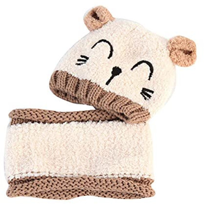 UKKO Bonnet Chaud pour Enfants Bonnet d'automne Et d'hiver pour Enfants Chapeau Chapeau Chapeau À Capuche Écharpe Cache-Oreille Chat Joli Chapeau Tricoté-Beige