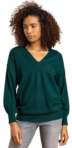 Roman Originals V-Neck Jumper for Women UK Ladies Boyfriend Fit Slouch Sweater Winter Autumn Textured Casual Flattering Knit Pullover Knitwear Daywear Lightweight Lounge - Dark Green - Size 18