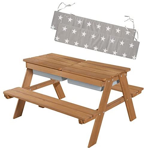 roba Kindersitzgarnitur Outdoor + Spielwannen & Sitzkissen - Sitzgruppe aus wetterfestem Massivholz - Garten Sitzgarnitur & Matschtisch für Kinder - Teak